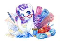 Size: 1448x1000 | Tagged: safe, artist:maytee, derpibooru import, part of a set, rarity, pony, unicorn, fabric, gem, glasses, image, knitting needles, png, simple background, solo, thread, traditional art, white background, yarn
