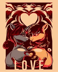 Size: 3277x4096 | Tagged: safe, artist:poxy_boxy, derpibooru import, oc, unofficial characters only, earth pony, pony, unicorn, butt, commission, heart, image, jpeg, limited palette, looking at each other, looking at someone, oc x oc, plot, shipping