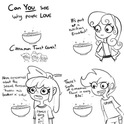 Size: 3168x3168 | Tagged: suggestive, artist:tjpones, derpibooru import, apple bloom, scootaloo, sweetie belle, human, black and white, bowl, cereal, comic, cutie mark crusaders, dialogue, food, freckles, grayscale, high res, humanized, image, implied applecest, implied incest, implied shipping, monochrome, one of these things is not like the others, png, simple background, text, trio, white background