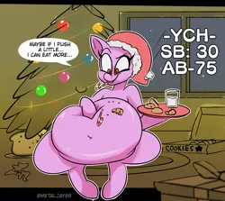 Size: 2670x2380 | Tagged: safe, artist:metalface069, derpibooru import, belly, candy, candy cane, christmas, christmas tree, commission, cookie, fat, feeding, food, glass of milk, gluttony, hat, holiday, image, looking at belly, png, santa hat, tree, your character here