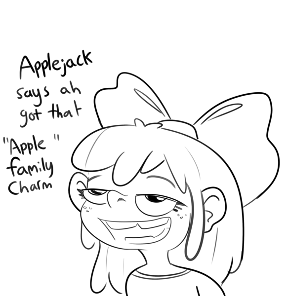 Size: 2312x2388 | Tagged: safe, artist:tjpones, derpibooru import, apple bloom, human, black and white, freckles, grayscale, high res, humanized, image, lidded eyes, monochrome, open mouth, open smile, png, simple background, smiling, solo, traditional art, white background