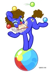 Size: 700x945 | Tagged: safe, artist:ghou1ss, derpibooru import, oc, oc:silly scribe, earth pony, pony, ball, clown, clown makeup, clown nose, commission, earth pony oc, image, juggling, one eye closed, open mouth, png, red nose, simple background, solo, standing on two hooves, white background, wink, ych result