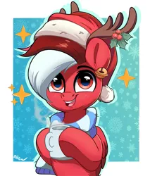 Size: 1529x1794 | Tagged: safe, artist:joaothejohn, derpibooru import, oc, oc:flamebrush, pegasus, pony, christmas, clothes, cute, holiday, horn, image, looking at you, mug, pegasus oc, png, scarf, simple background, smiling, wings