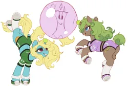 Size: 2970x1998 | Tagged: safe, artist:orchidpony, derpibooru import, oc, oc:seafoam breeze, oc:wasabi, pony, unicorn, ball, clothes, derpibooru exclusive, duo, football, hoofball, image, png, rearing, shoes, shorts, simple background, sports, sports shorts, sweatband, tennis ball, twiball