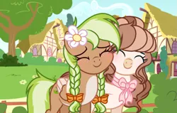 Size: 1063x675 | Tagged: safe, artist:cstrawberrymilk, derpibooru import, oc, oc:strawberry milk, oc:sylvia evergreen, unofficial characters only, pegasus, pony, blushing, bow, braid, braided pigtails, duo, eyes closed, female, flower, flower in hair, freckles, hair bun, hair tie, hug, image, mare, pegasus oc, pigtails, png, smiling, wings