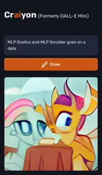 Size: 780x1336 | Tagged: safe, craiyon, dall·e mini, derpibooru import, machine learning generated, ocellus, smolder, changedling, changeling, dragon, changeling x dragon, date, duo, female, image, lesbian, png, shipping, smolcellus, table