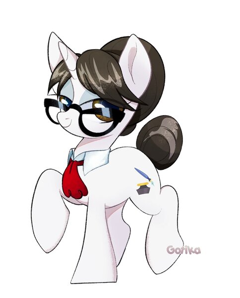 Size: 1653x2048 | Tagged: safe, artist:rottengotika, derpibooru import, raven, pony, unicorn, bedroom eyes, commission, cute, female, glasses, hair bun, image, jpeg, lidded eyes, looking at you, looking back, looking back at you, mare, necktie, raised leg, ravenbetes, secretary, simple background, solo, trotting, walking, white background, ych result