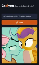 Size: 780x1288 | Tagged: safe, craiyon, dall·e mini, derpibooru import, machine learning generated, ocellus, smolder, changedling, changeling, dragon, changeling x dragon, duo, female, image, kissing, lesbian, png, shipping, smolcellus