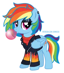 Size: 875x1000 | Tagged: safe, artist:jennieoo, derpibooru import, rainbow dash, pegasus, pony, bubblegum, clothes, ear piercing, eyeshadow, food, gift art, gum, image, jacket, leather, leather jacket, makeup, patreon, patreon reward, piercing, png, rock, show accurate, simple background, solo, transparent background, vector