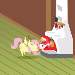 Size: 2160x2160 | Tagged: safe, anonymous artist, derpibooru import, big macintosh, fluttershy, earth pony, pegasus, pony, series:fm holidays, series:hearth's warming advent calendar 2022, advent calendar, animal costume, christmas, christmas stocking, clothes, costume, duo, eyes closed, fake antlers, fake beard, female, fireplace, fluttermac, fluttershy's cottage, frown, hat, high res, holiday, image, lineless, male, mare, png, pointy ponies, pulling, red nose, reindeer costume, santa costume, santa hat, shipping, stallion, straight, stuck