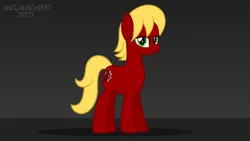 Size: 8000x4500 | Tagged: safe, artist:metalhead97, derpibooru import, oc, oc:arkansas black, unicorn, commission, gradient background, image, lidded eyes, looking at you, png, presenting, smiling, smiling at you, standing, tail, yellow mane, yellow tail