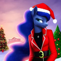 Size: 1024x1024 | Tagged: safe, derpibooru import, editor:dovakkins, machine learning generated, novelai, stable diffusion, princess luna, alicorn, anthro, beautiful, christmas, christmas tree, clothes, costume, crown, female, hat, holiday, image, jewelry, missing accessory, missing horn, png, regalia, santa costume, santa hat, snow, tree, wingless, winter