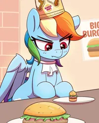 Size: 1925x2391 | Tagged: safe, artist:pabbley, derpibooru import, rainbow dash, pegasus, pony, burger, burger king, crown, female, food, image, jewelry, jpeg, mare, rainbow dash is not amused, regalia, solo, unamused