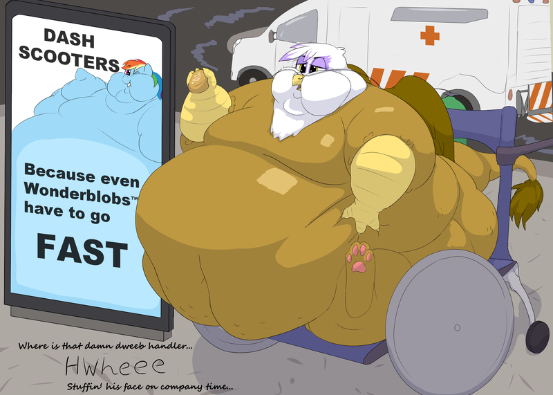 Size: 3500x2500 | Tagged: questionable, artist:lupin quill, derpibooru import, gilda, rainbow dash, gryphon, pegasus, pony, series:the glut of griffonstone (weight gain), advertisement, ambulance, bed, bedbound, belly, belly button, belly grab, big belly, bingo wings, butt, cellulite, chest fluff, chubby cheeks, fat, fat fetish, fat tail, female, females only, fetish, flabby chest, food, gildough, image, immobile, large butt, life support, looking at you, morbidly obese, obese, one eye closed, open mouth, oxygen tank, panting, paws, plot, png, rainblob dash, rolls of fat, scone, tail, weight gain, weight gain sequence, wheelchair, wink, winking at you