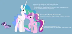 Size: 1978x960 | Tagged: safe, artist:drasill, derpibooru import, princess cadance, princess celestia, twilight sparkle, alicorn, pony, butt, dialogue, diaper, diaper fetish, ear fluff, female, fetish, filly, filly twilight sparkle, foal, image, no mouth, png, raised hoof, simple background, teen princess cadance, this will end in diapers, younger