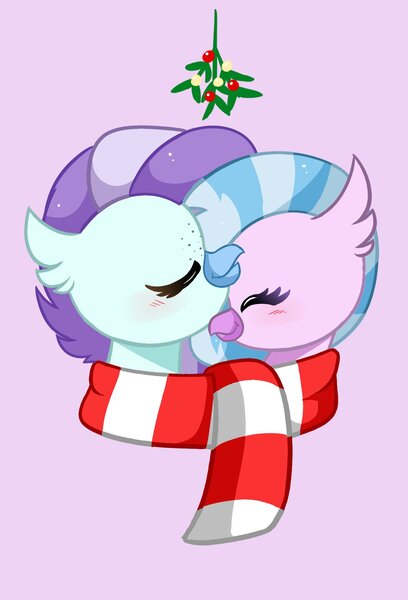 Size: 1424x2092 | Tagged: safe, artist:kittyrosie, derpibooru import, silverstream, oc, oc:ocean breeze (savygriffs), hippogriff, blushing, bust, canon x oc, clothes, female, forehead kiss, hippogriff oc, image, jpeg, kissing, lesbian, mistleholly, oceanstream, pink background, scarf, shared clothing, shared scarf, shipping, simple background, striped scarf