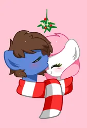 Size: 1400x2068 | Tagged: safe, artist:kittyrosie, derpibooru import, oc, oc:bizarre song, oc:sugar morning, blushing, bust, clothes, female, forehead kiss, image, jpeg, kissing, mistleholly, pink background, scarf, shared clothing, shared scarf, shipping, simple background, striped scarf