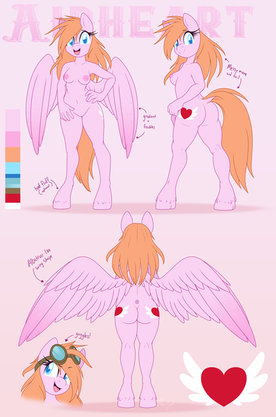 Size: 4172x6303 | Tagged: questionable, artist:pearlyiridescence, derpibooru import, airheart, jetstream, anthro, pegasus, pony, unguligrade anthro, airbutt, alternate design, areola, ass, breasts, butt, colored wings, cutie mark, dock, female, goggles, gradient wings, hand on hip, image, mare, messy mane, nipples, nudity, open mouth, png, reference sheet, smiling, solo, solo female, spread wings, tail, turnaround, unshorn fetlocks, vulva, wings