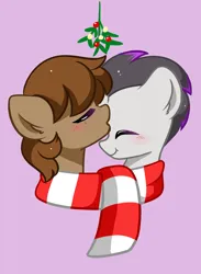Size: 1411x1924 | Tagged: safe, artist:kittyrosie, derpibooru import, oc, earth pony, pony, blushing, bust, clothes, female, forehead kiss, image, jpeg, kissing, mistleholly, pink background, scarf, shared clothing, shared scarf, shipping, simple background, striped scarf
