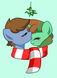 Size: 1416x1916 | Tagged: safe, artist:kittyrosie, derpibooru import, oc, earth pony, pony, unicorn, blushing, bust, clothes, female, forehead kiss, image, jpeg, kissing, mistleholly, scarf, shared clothing, shared scarf, shipping, simple background, striped scarf