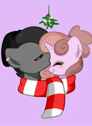 Size: 1448x1972 | Tagged: safe, artist:kittyrosie, derpibooru import, oc, earth pony, pony, unicorn, blushing, bust, clothes, female, forehead kiss, image, jpeg, kissing, mistleholly, scarf, shared clothing, shared scarf, shipping, simple background, striped scarf
