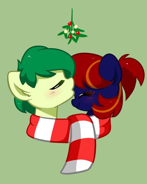 Size: 1571x1967 | Tagged: safe, artist:kittyrosie, derpibooru import, oc, earth pony, pony, blushing, bust, canon x oc, clothes, female, forehead kiss, image, jpeg, kissing, mistleholly, scarf, shared clothing, shared scarf, shipping, simple background, striped scarf