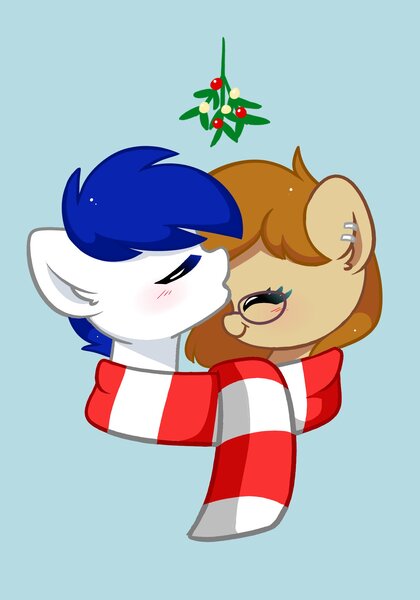 Size: 1480x2114 | Tagged: safe, artist:kittyrosie, derpibooru import, oc, earth pony, pony, blushing, bust, clothes, female, forehead kiss, glasses, image, jpeg, kissing, mistleholly, scarf, shared clothing, shared scarf, shipping, simple background, striped scarf
