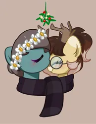 Size: 1520x1961 | Tagged: safe, artist:kittyrosie, derpibooru import, oc, earth pony, pony, blushing, bust, clothes, female, forehead kiss, glasses, image, jpeg, kissing, mistleholly, scarf, shared clothing, shared scarf, shipping, simple background, striped scarf