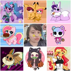 Size: 2048x2048 | Tagged: safe, artist:kittyrosie, derpibooru import, part of a set, izzy moonbow, starlight glimmer, sunset shimmer, oc, oc:rosa flame, eevee, human, pony, unicorn, equestria girls, 2022, :3, abstract background, animal crossing, anime, art vs artist, blushing, breasts, cake, chocolate cake, clothes, cosplay, costume, crossover, cute, demon slayer, female, floating heart, fluffy, food, g5, glimmerbetes, gradient background, hatsune miku, heart, hoodie, horn, image, izzybetes, jpeg, leek, maid, mare, misuzu, nezuko kamado, open mouth, pineapple pizza, pizza, pokefied, pokémon, reasonably sized breasts, remake, socks, solo, species swap, stars, sweet dreams fuel, thigh highs, unicorn oc, unshorn fetlocks, vocaloid, wall of tags