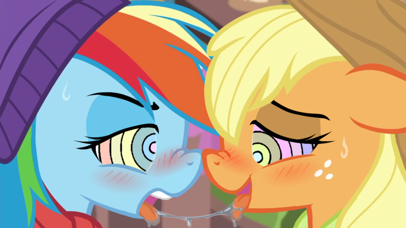 Size: 1296x729 | Tagged: suggestive, edit, edited screencap, editor:anonymous, screencap, applejack, rainbow dash, pony, /mlp/ latex requests, bedroom eyes, blue coat, close-up, clothes, drool, drool string, duo, duo female, face to face, female, floppy ears, freckles, hat, hypno eyes, hypnosis, hypnotized, image, kaa eyes, looking into each others eyes, mare, multicolored mane, nose to nose, nose wrinkle, open smile, orange coat, png, scarf, side view, sweat, sweatdrop, teeth, tongue out, yellow mane