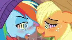 Size: 1296x729 | Tagged: suggestive, edit, edited screencap, editor:anonymous, screencap, applejack, rainbow dash, pony, bedroom eyes, blue coat, close-up, clothes, drool, drool string, duo, duo female, face to face, female, floppy ears, freckles, hat, hypno eyes, hypnosis, hypnotized, image, kaa eyes, looking into each others eyes, mare, multicolored mane, nose to nose, nose wrinkle, open smile, orange coat, png, scarf, side view, sweat, sweatdrop, teeth, tongue out, yellow mane
