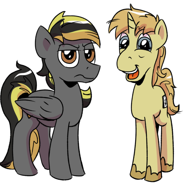 Size: 1200x1200 | Tagged: safe, artist:pony-berserker, derpibooru import, oc, oc:midnight blaze, oc:szafalesiaka, pegasus, unicorn, derpibooru community collaboration, 2023 community collab, image, png, smiling, unamused