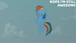 Size: 4400x2475 | Tagged: safe, derpibooru import, edit, edited screencap, editor:quoterific, screencap, rainbow dash, pegasus, pony, season 2, the mysterious mare do well, cloud, eyes closed, female, flying, high res, hooves on hips, image, mare, open mouth, open smile, png, sky, smiling, solo, spread wings, talking, text, wings