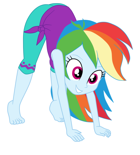 Size: 2300x2536 | Tagged: safe, derpibooru import, rainbow dash, human, equestria girls, equestria girls series, all fours, ass, ass up, butt, eyebrows, face down ass up, female, grin, high res, image, png, rainbutt dash, simple background, smiling, solo, transparent background, wake up!: rainbow dash, waking up