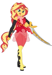 Size: 2437x3480 | Tagged: safe, artist:gmaplay, derpibooru import, sunset shimmer, equestria girls, boots, clothes, image, kamen rider ryuki, png, ponied up, shoes, solo, super ponied up, sword, weapon