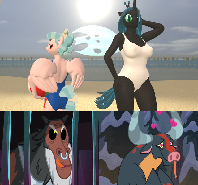 Size: 1920x1800 | Tagged: suggestive, artist:papadragon69, derpibooru import, edit, edited screencap, screencap, cozy glow, lord tirek, queen chrysalis, anthro, centaur, changeling, changeling queen, ophiotaurus, pegasus, pony, taur, frenemies (episode), school raze, 3d, beach, beach ball, breasts, busty cozy glow, busty queen chrysalis, chrysaurus, clothes, cozirek, duo, duo female, erect nipples, female, heart, heart eyes, image, licking, licking lips, male, nipple outline, one-piece swimsuit, open-back swimsuit, png, pose, shipping, shipping domino, source filmmaker, straight, swimsuit, tongue out, white swimsuit, wingding eyes