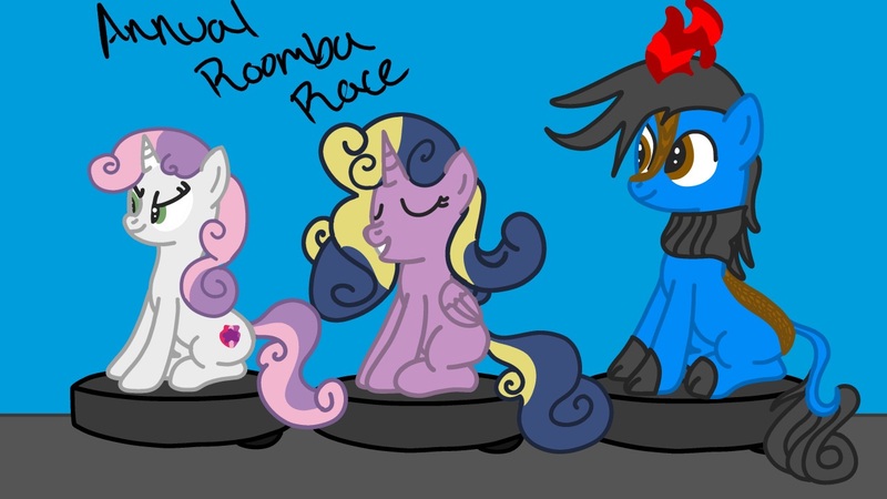 Size: 1280x720 | Tagged: safe, artist:duran301, derpibooru import, sweetie belle, oc, oc:harvest duran, oc:princess twila, oc:twila, alicorn, kirin, pony, unicorn, female, image, jpeg, mare, ponies riding roombas, roomba, roomba race, sitting