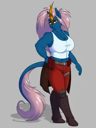 Size: 1200x1600 | Tagged: safe, artist:floots, derpibooru import, oc, oc:thunder strike, unofficial characters only, anthro, kirin, abs, belt, clothes, female, image, muscles, muscular female, png, utility belt