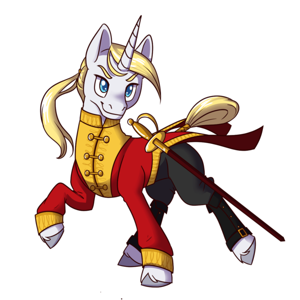 Size: 1200x1200 | Tagged: safe, artist:floots, derpibooru import, oc, oc:platinum dream, unofficial characters only, unicorn, clothes, image, png, royalty, simple background, solo, sword, transparent background, uniform, weapon