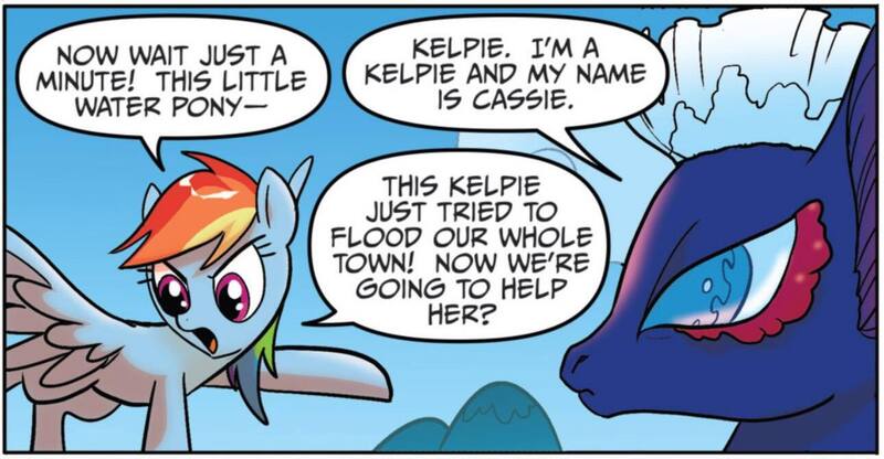 Size: 1290x671 | Tagged: safe, artist:amymebberson, derpibooru import, idw, cassie, rainbow dash, kelpie, pegasus, pony, spoiler:comic, spoiler:comic23, dialogue, duo, female, g4, image, jpeg, mare, speech bubble