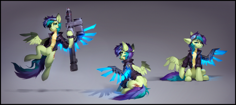 Size: 4998x2232 | Tagged: safe, artist:ramiras, derpibooru import, oc, oc:adroga, pegasus, pony, amputee, artificial wings, augmented, clothes, image, png, prosthetic limb, prosthetic wing, prosthetics, solo, uniform, wings, wonderbolt trainee uniform