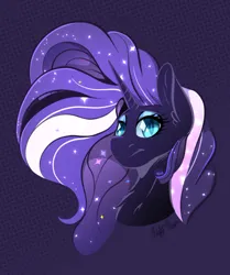 Size: 920x1103 | Tagged: safe, artist:orbitingdamoon, derpibooru import, nightmare rarity, pony, unicorn, bust, female, image, jpeg, mare, purple background, simple background, solo