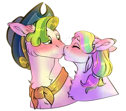 Size: 1280x1134 | Tagged: safe, artist:malinraf1615, derpibooru import, coconut cream, pistachio, earth pony, pony, bandana, blushing, chest fluff, cowboy hat, cute, deviantart watermark, duo, eyes closed, female, hat, image, kissing, male, mare, obtrusive watermark, older, png, simple background, stallion, straight, transparent background, watermark