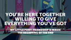 Size: 1920x1080 | Tagged: safe, derpibooru import, edit, edited screencap, editor:quoterific, screencap, applejack, fluttershy, king sombra, pinkie pie, rainbow dash, rarity, twilight sparkle, the beginning of the end, image, mane six, png