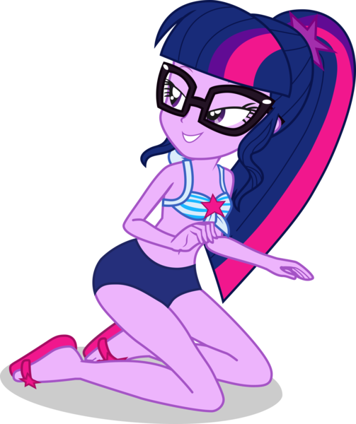 Size: 3125x3727 | Tagged: safe, alternate version, artist:dustinwatsongkx, derpibooru import, sci-twi, twilight sparkle, human, equestria girls, equestria girls series, forgotten friendship, x marks the spot, bare shoulders, bikini, clothes, female, glasses, image, kneeling, png, sandals, sci-twi swimsuit, simple background, sleeveless, solo, swimsuit, transparent background, vector