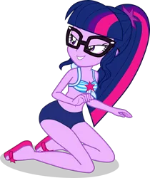 Size: 3125x3727 | Tagged: safe, alternate version, artist:dustinwatsongkx, derpibooru import, sci-twi, twilight sparkle, human, equestria girls, equestria girls series, forgotten friendship, x marks the spot, bare shoulders, bikini, clothes, female, glasses, image, kneeling, png, sandals, sci-twi swimsuit, simple background, sleeveless, solo, swimsuit, transparent background, vector