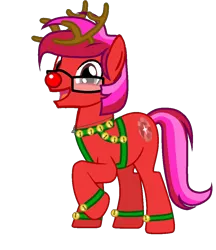 Size: 900x1042 | Tagged: safe, artist:ngthanhphong, derpibooru import, oc, oc:ruby star, earth pony, pony, animal costume, bells, cheerful, christmas, clothes, costume, derpibooru exclusive, glasses, hearth's warming eve, holiday, image, jewelry, male, necklace, png, red nose, reindeer costume, simple background, stallion, transparent background