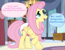 Size: 1324x1014 | Tagged: suggestive, artist:juicebarx, derpibooru import, fluttershy, accident, diaper, diaper fetish, fetish, happy, image, offscreen character, png, raised hoof, sequence, solo, speech bubble