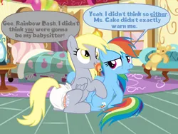 Size: 1188x894 | Tagged: suggestive, artist:juicebarx, derpibooru import, derpy hooves, rainbow dash, bedroom, diaper, diaper fetish, duo, fetish, foalsitting, image, non-baby in diaper, png, sequence, skeptical, smiling, wall eyed