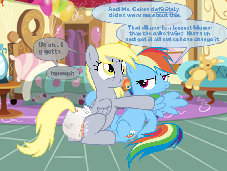 Size: 1188x894 | Tagged: questionable, artist:juicebarx, derpibooru import, derpy hooves, rainbow dash, diaper, diaper fetish, duo, fetish, foalsitting, full diaper, image, messing, messy diaper, non-baby in diaper, pacifier, png, poop, pushing, sequence, speech bubble
